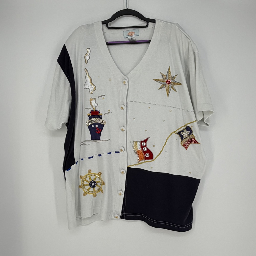 Coral Bay Plus Cardigan Womens 3X White Nautical Embroidered Sequin Coastal‎ 90s